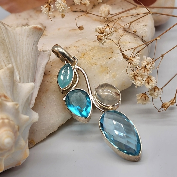 Silver 925 Pendant Blue Topaz /Natural Rutilated Quartz - Picture 1 of 7